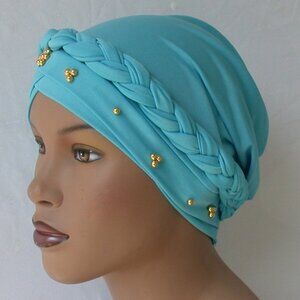 Women's Instant Turban Hijab Braid Chemo Cap Muslim Headcover Aqua Blue Bonnet